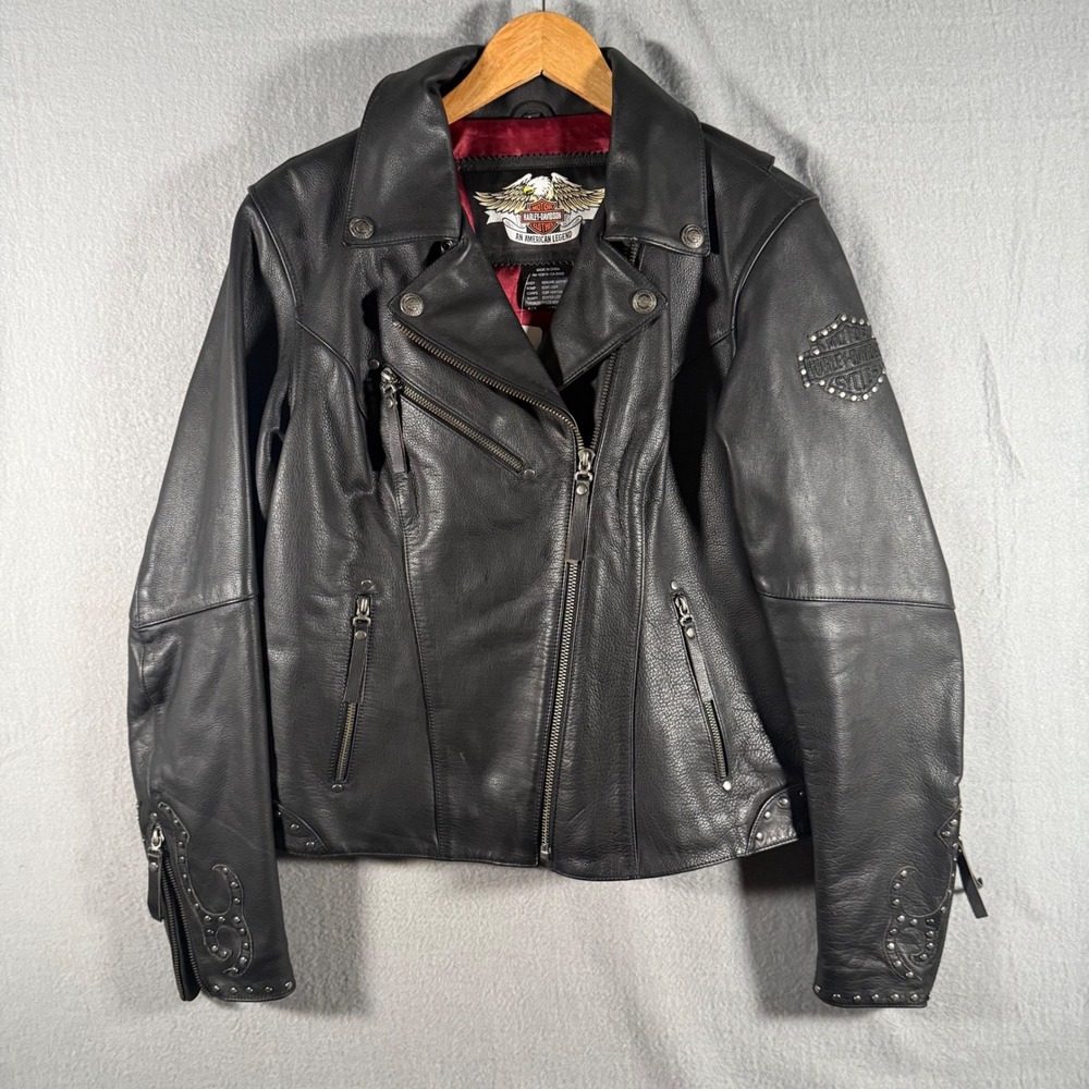 Harley-Davidson Womens Black Leather Studded Biker Jacket Large Vintage Eagle